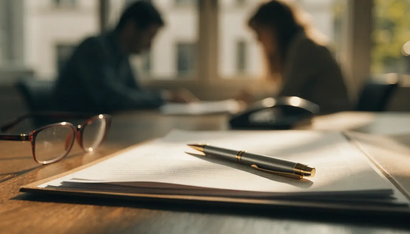 A contingency fee agreement on a Rancho Cucamonga car accident lawyer's desk with a pen and reading glasses