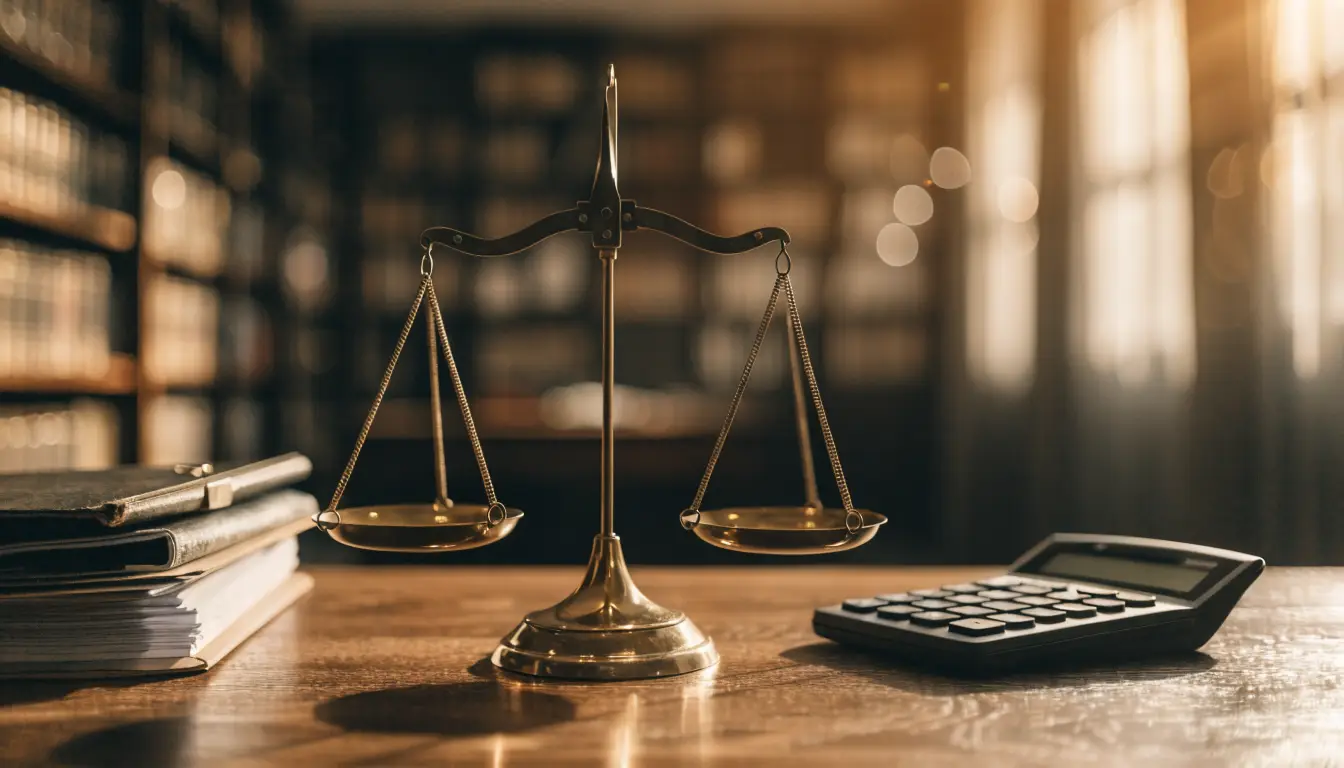 A balance scale on an attorney's desk representing how a Rancho Cucamonga car accident case gets valued