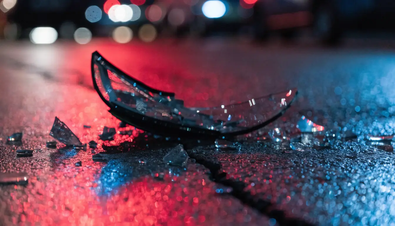 Shattered headlight glass on wet asphalt at night after a drunk driving crash in Rancho Cucamonga