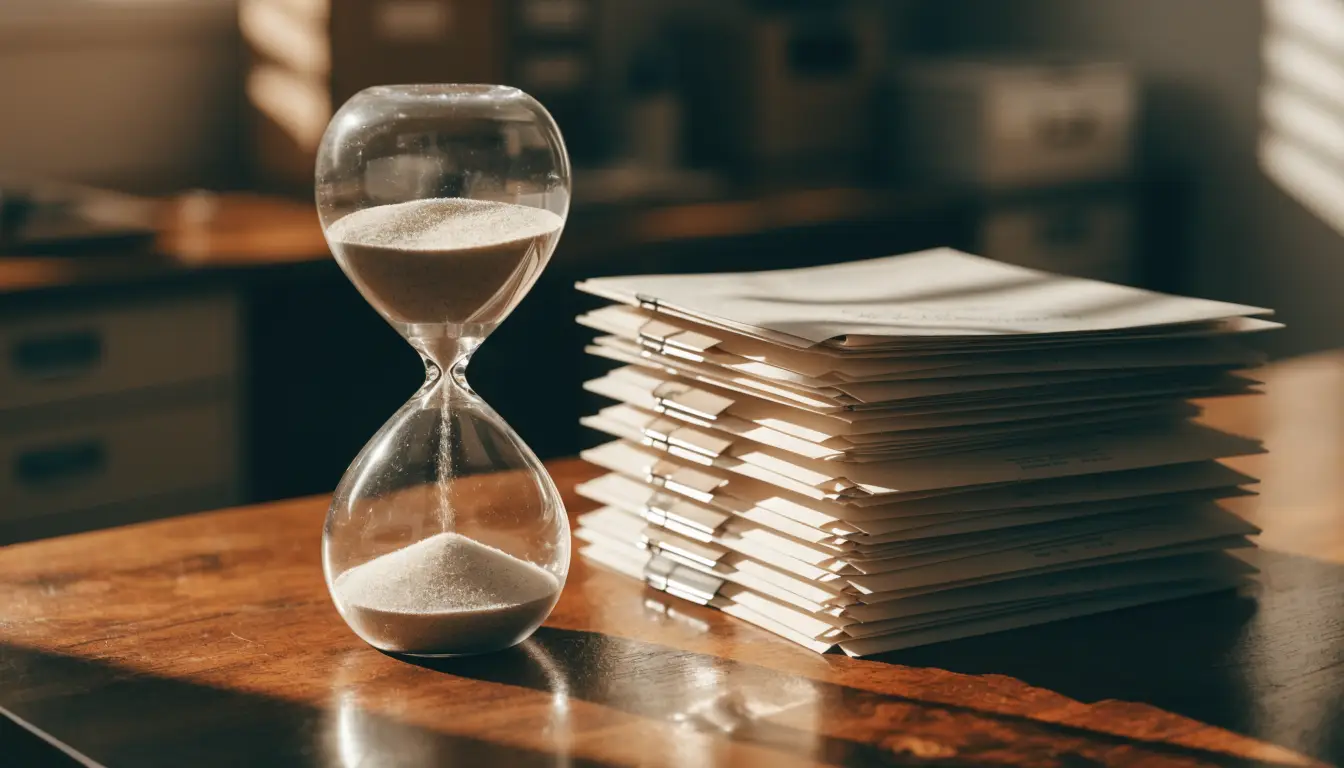 An hourglass beside medical envelopes representing the timeline for hiring a lawyer after a Rancho Cucamonga car accident