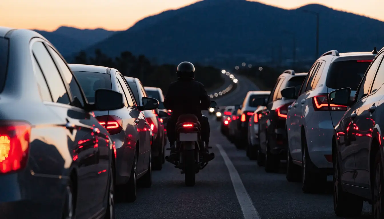 A motorcycle lane splitting legally between stopped freeway traffic near Rancho Cucamonga at dusk