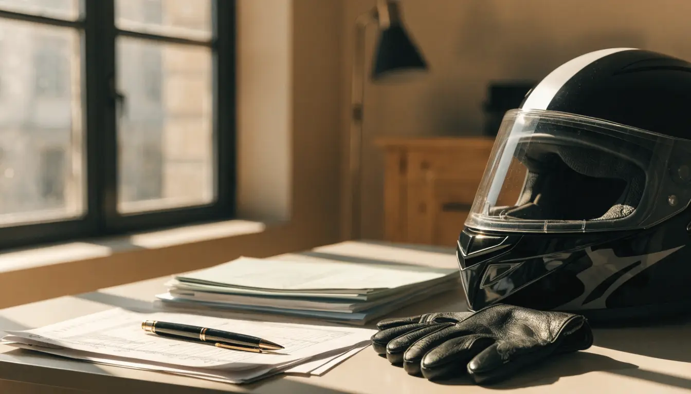 A motorcycle helmet and gloves beside insurance paperwork representing a Rancho Cucamonga rider's injury claim