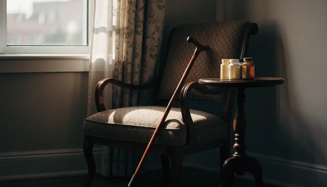 An empty armchair with a cane and medication representing pain and suffering damages in a Rancho Cucamonga injury claim