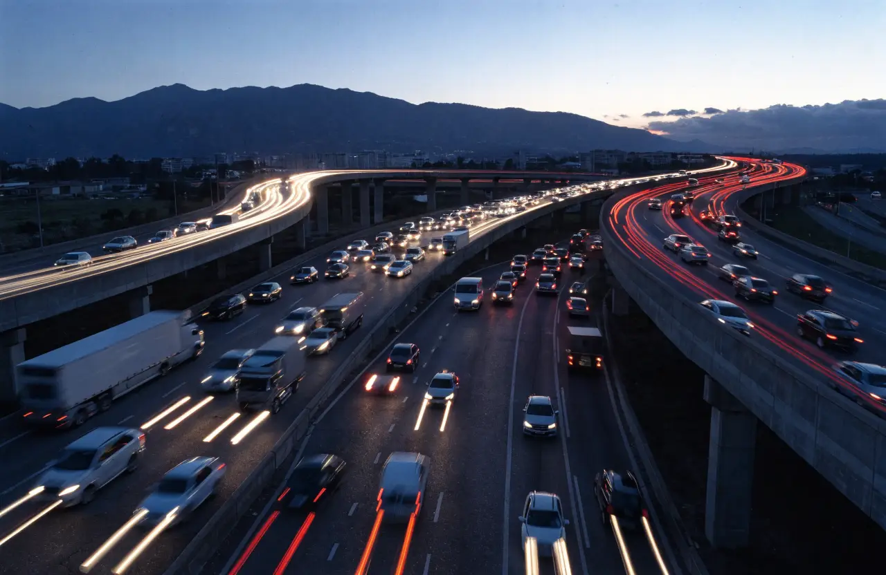 Evening truck and commuter traffic on the freeway interchange near Rancho Cucamonga