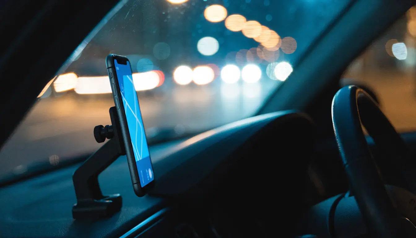 A rideshare driver's phone mounted on a dashboard at night in Rancho Cucamonga showing the app that determines insurance coverage periods