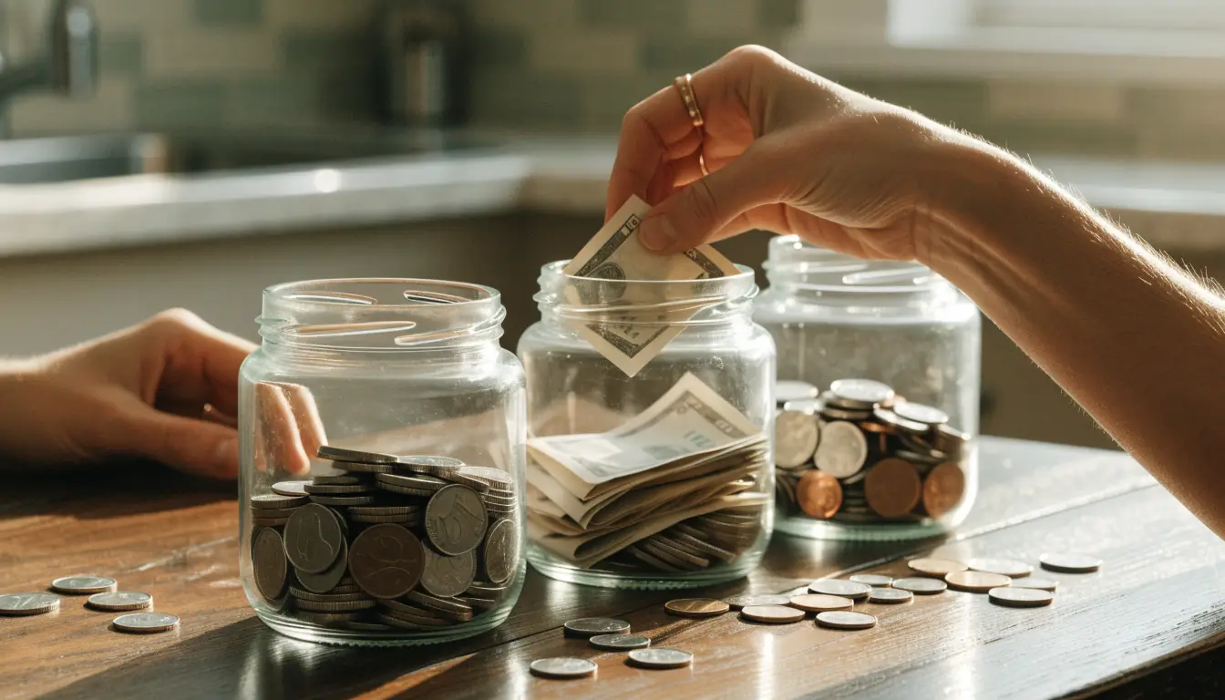 Money divided into three jars representing attorney fee, medical liens, and take-home from a car accident settlement