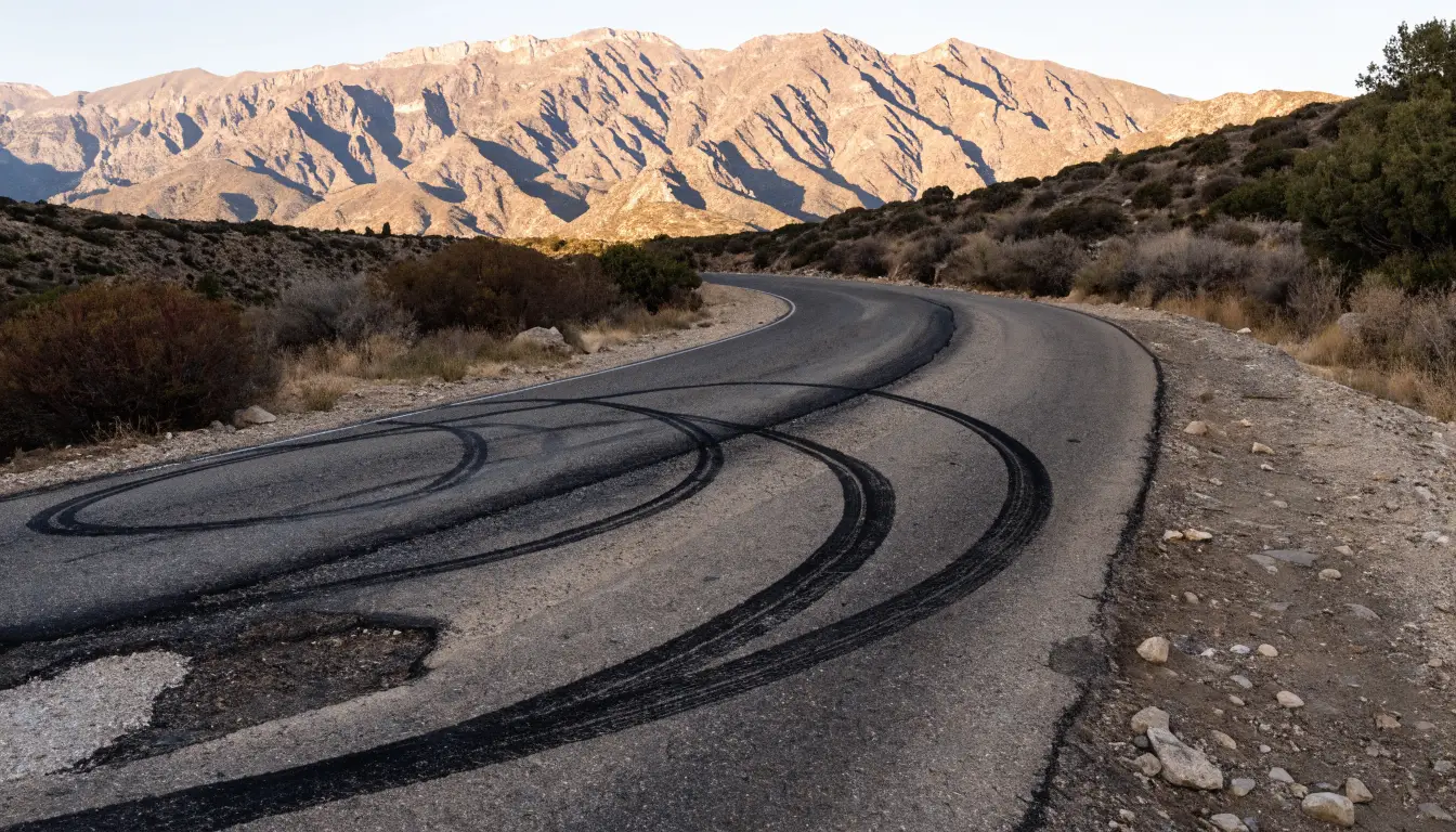 Tire marks swerving on a foothill road near Rancho Cucamonga representing a single-vehicle crash caused by a road hazard