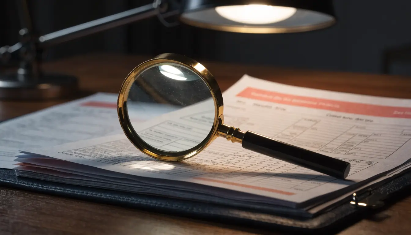 Auto insurance policy documents under a magnifying glass showing UM and UIM coverage for a Rancho Cucamonga driver